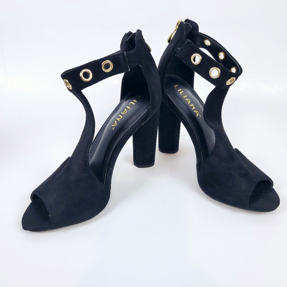 LILIANA High Heel Sz 7.5~4.25" Block Sandal~Black~Back Zip~Eyelet Rings~Open Toe